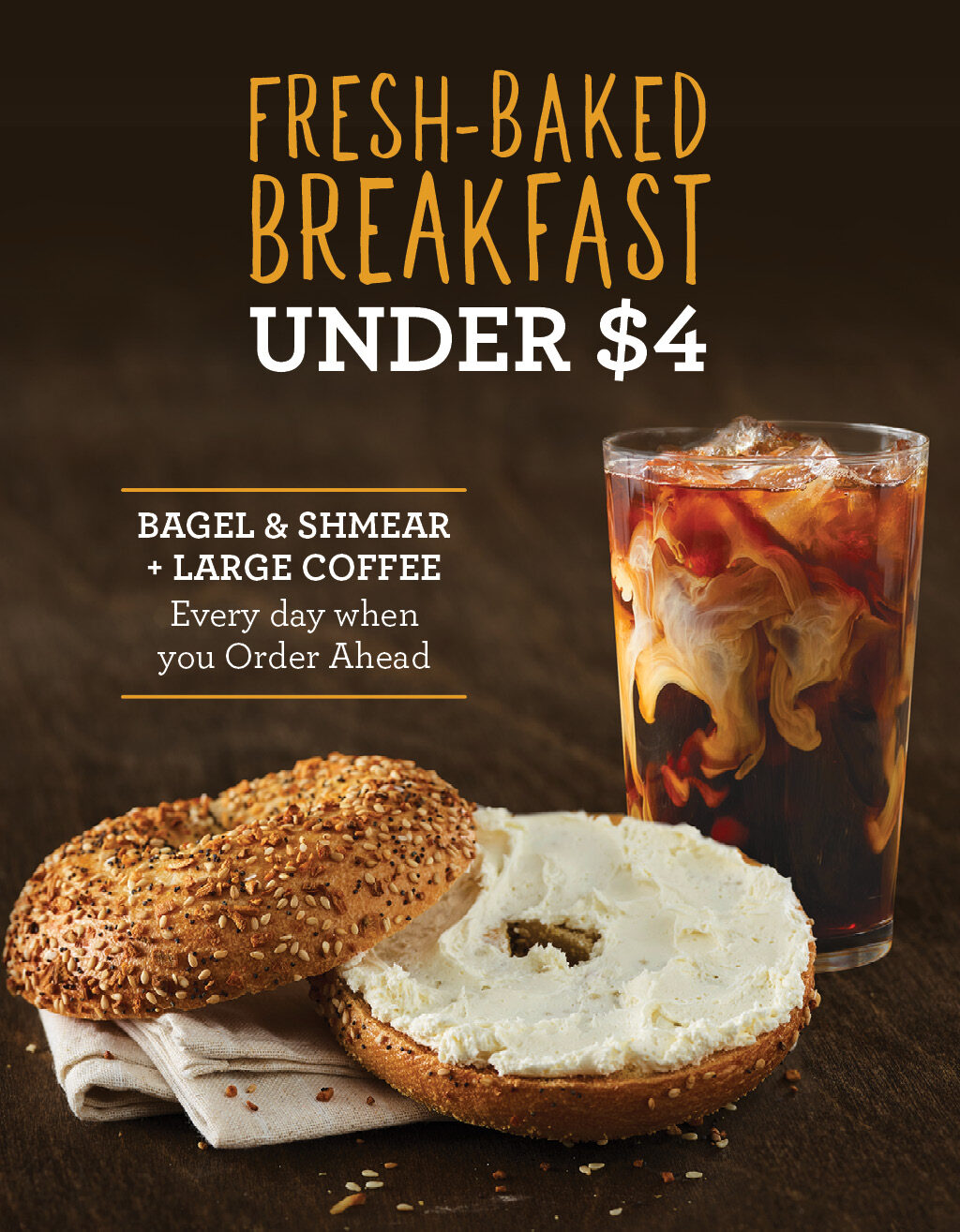 Fresh-Baked Breakfast Under $4 – Bagel & Shmear with Large Iced Coffee Every Day when you Order Ahead in the App at Einstein Bros. Bagels